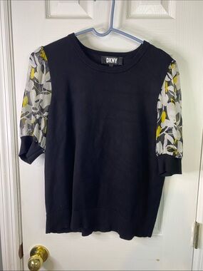 DKNY Black Knit Top with Yellow and Gray Floral Sheer Sleeves Size Large.